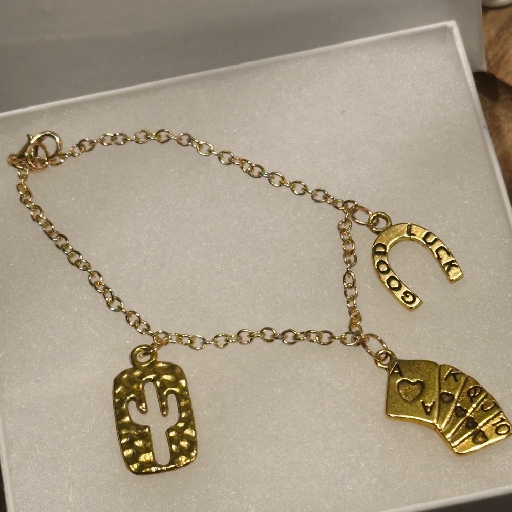 Gold Charm Bracelet with Cactus and Horseshoe